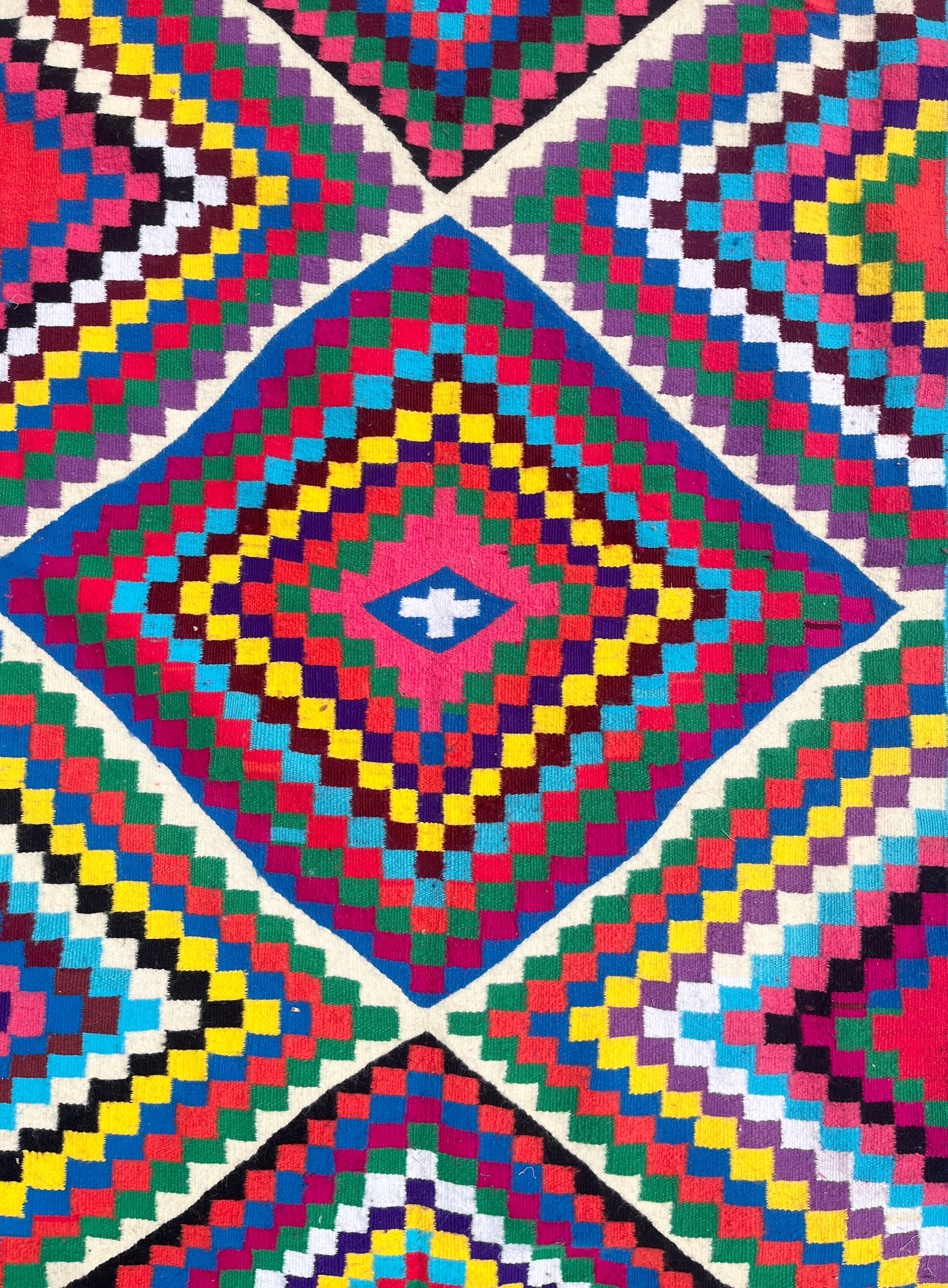 Tight detail of multicolor checkered motif and wool texture.