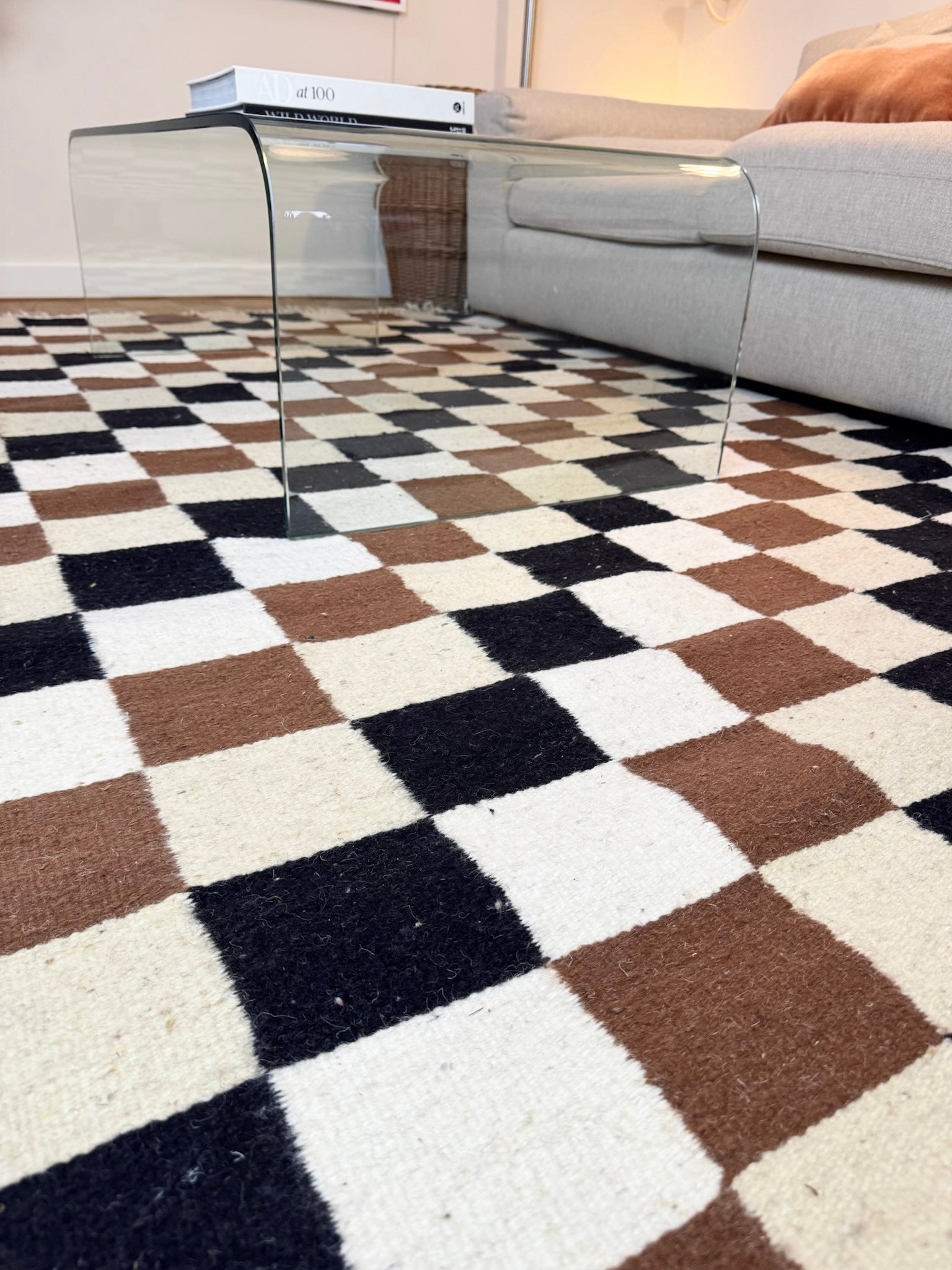 Salma Handmade Wool Rug – Checkered Black, Brown & Cream – 162cm × 262cm