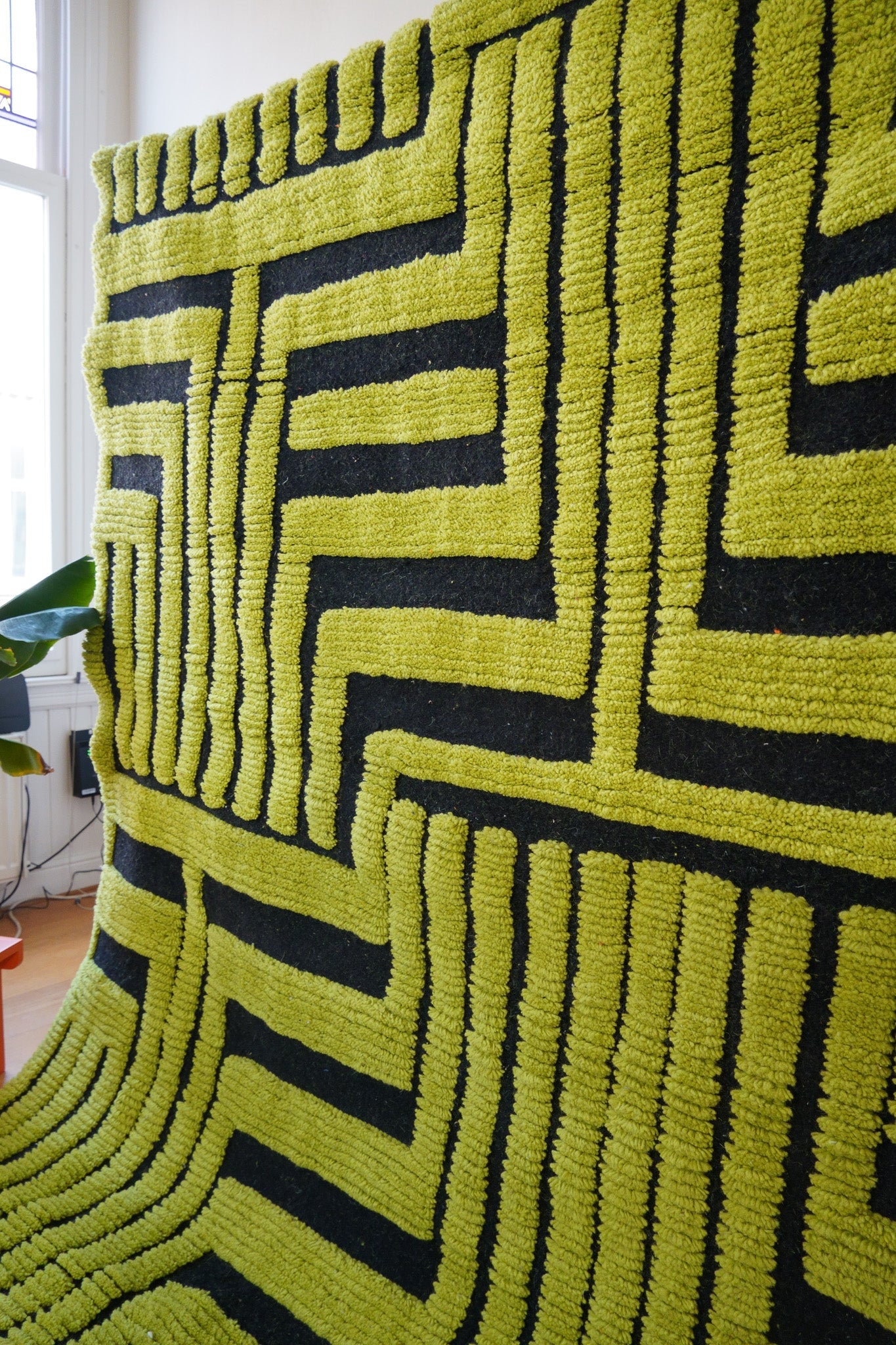 Detailed close-up of soft high-pile wool texture in green and black