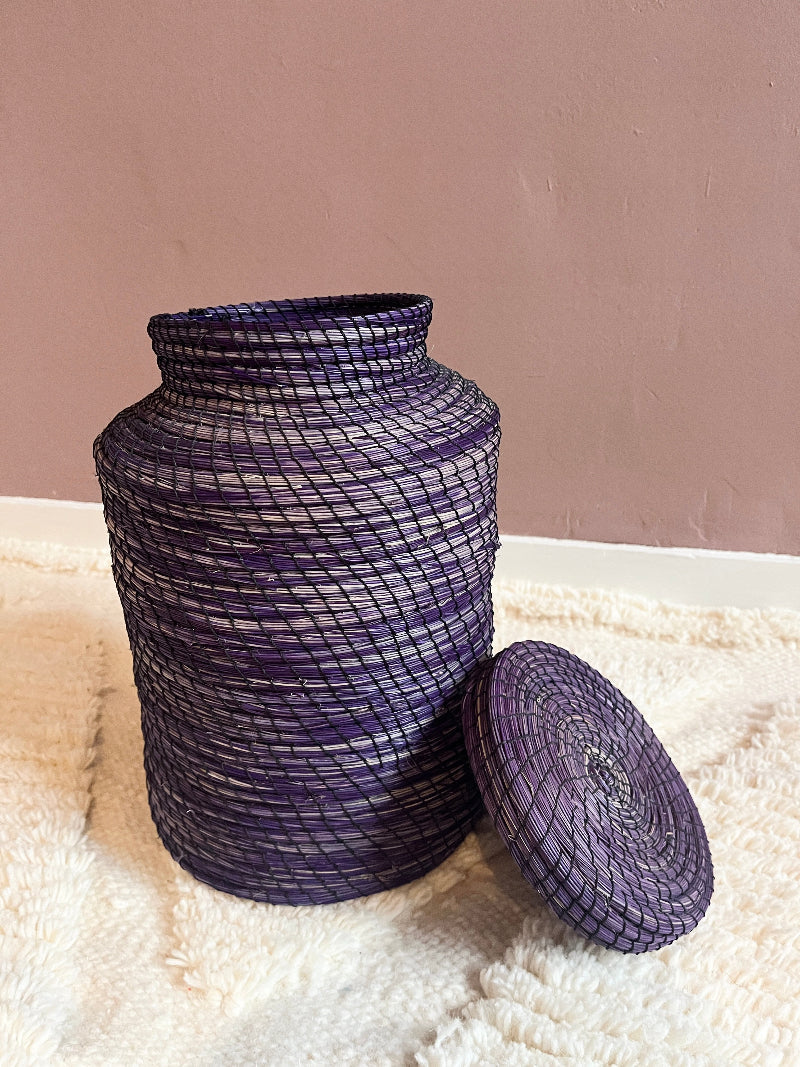 Handmade purple straw basket Nabila with lid removed.