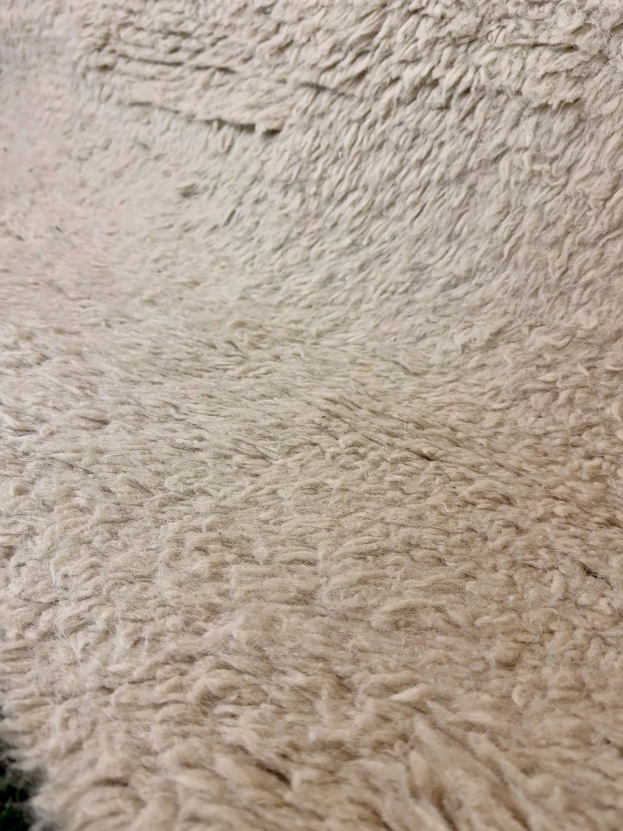 Macro close-up of the natural cream shaggy wool pile on the Bochra Berber rug, showing the dense hand-knotted texture, handmade in Tunisia.