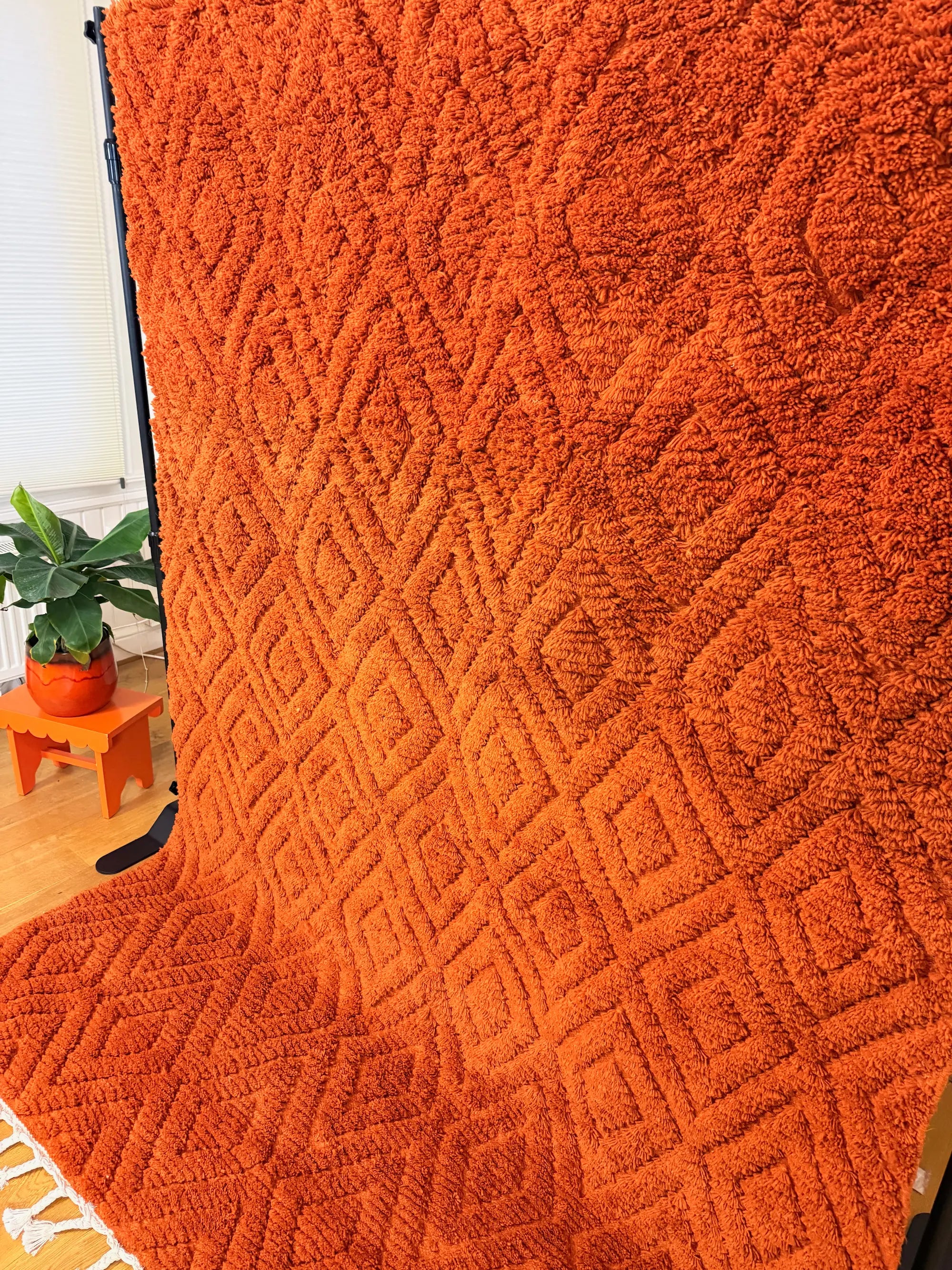 Mira handmade Berber wool rug, full side view displaying the raised diamond pattern across the burnt orange wool field, handmade in Tunisia.